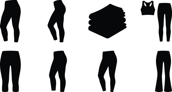 Activewear vector icon set featuring women leggings yoga pants folded apparel stack sports bra and workout clothing silhouettes