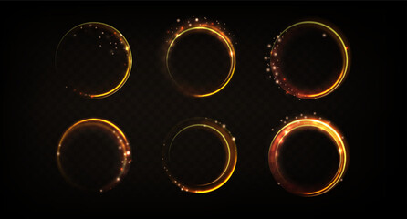 Obraz premium Glowing golden rings with light particles and flare sparkling effect on dark background. Vector circular frames with bright yellow neon glow and magical shimmer. Round portals with magic elements