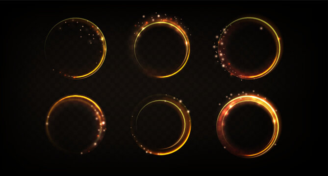 Glowing golden rings with light particles and flare sparkling effect on dark background. Vector circular frames with bright yellow neon glow and magical shimmer. Round portals with magic elements