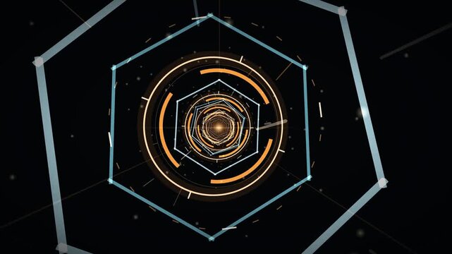 Orange and Cyan Hexagonal HUD Tunnel Animation Loop