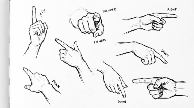 A collection of hand gesture sketches showing various pointing directions on a white background.