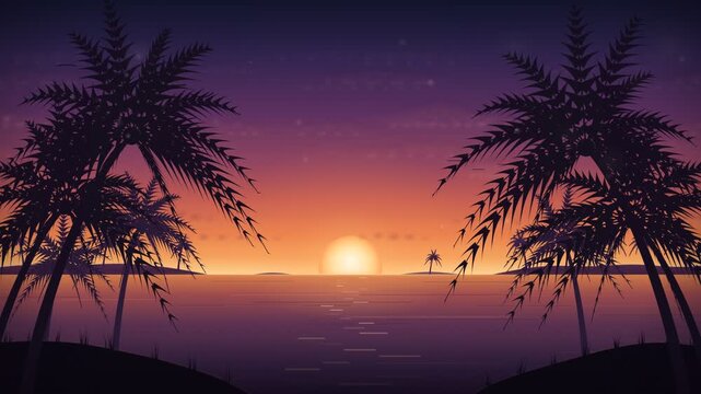 Retro synthwave tropical landscape with palm trees at sunset and ocean