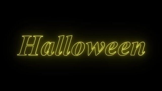 Halloween word in glowing neon yellow cursive letters