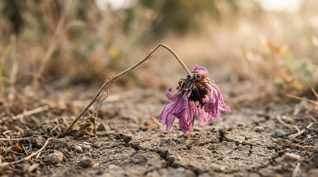 Wilted purple flower drooping over dry cracked ground soil during extreme drought conditions and environmental climate change disaster background.