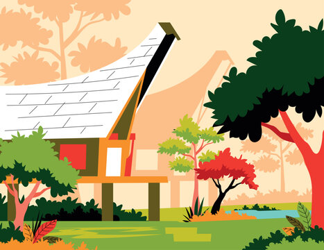 Traditional toraja house in tropical landscape illustration