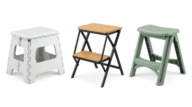 Collection of three modern folding step stools and step ladders in various materials on white background 