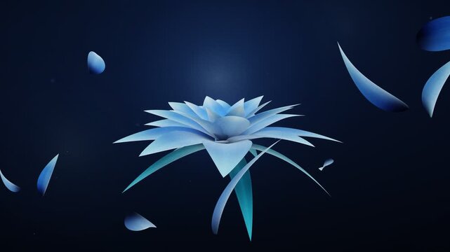 Glowing Blue Fantasy Flower Opening With Falling Petals Animation