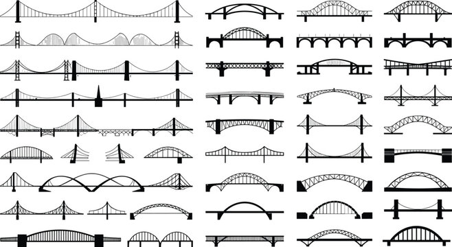 Bridge silhouettes vector set featuring suspension, arch, cable-stayed, and truss architecture structures for urban engineering design