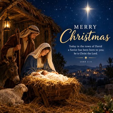 Nativity scene of Jesus birth with Mary, Joseph, baby Jesus in manger, and Merry Christmas text