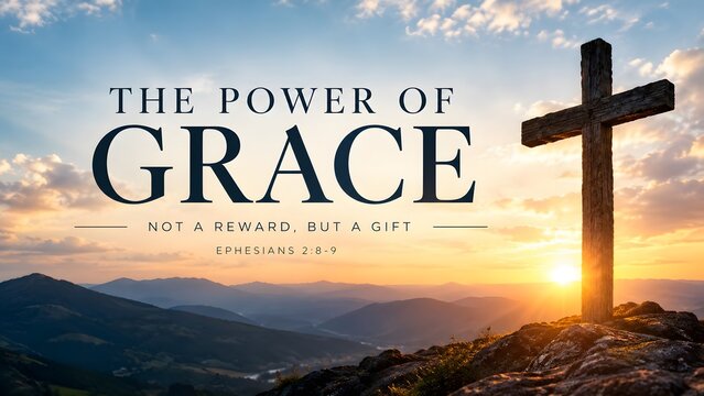 Christian cross silhouette on a hill at sunset with Bible verse text graphic
