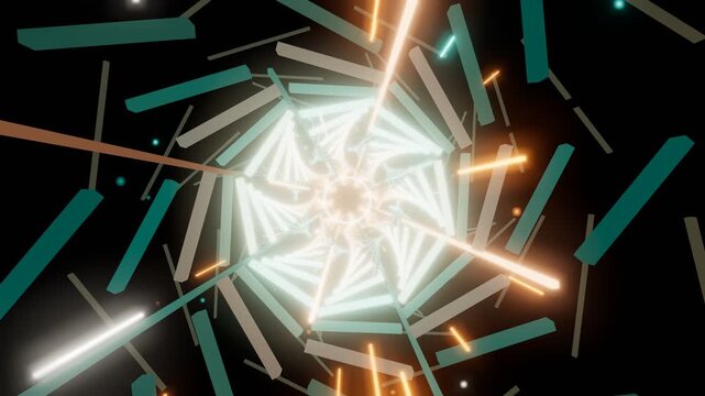 Abstract neon teal and orange glowing geometric stick tunnel motion