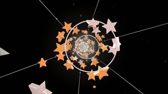Glossy orange and white stars rotating inside a futuristic neon