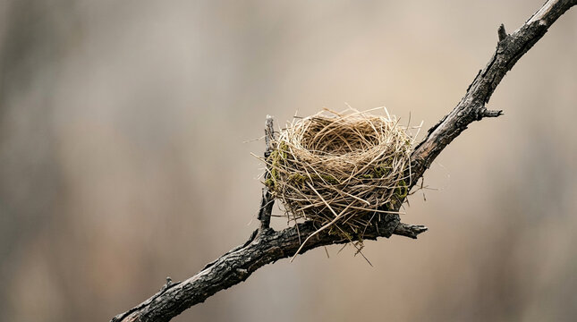 A beautifully crafted empty bird's nest resting on a bare tree branch against a soft blurred background, symbol of home and nature.