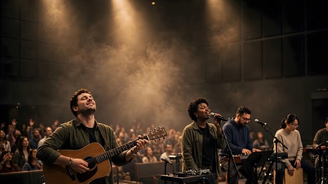 A Worship Band's Soulful Performance: A diverse group of musicians leads a congregation in heartfelt worship, their performance illuminated by dramatic stage lighting.