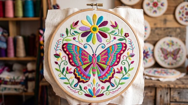 Bordado mexicano artesanal de mariposa y flor en bastidor de madera, estilo Tenango, hilos de colores vibrantes