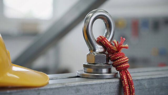 Close-up of a metal eye bolt with red rope and yellow hard hat
