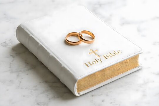 Wedding Vow Symbolism: A white Holy Bible with golden inscription and page edges, adorned with two gleaming gold wedding rings and a cross symbol, rests on a marble surface.