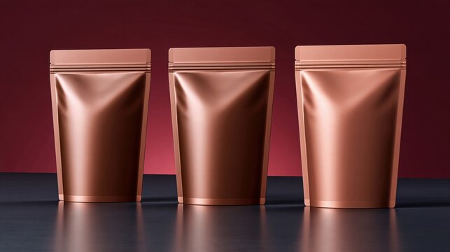 Three rose gold stand up pouches on dark reflective surface against deep red background, minimalist product mockup with soft studio lighting