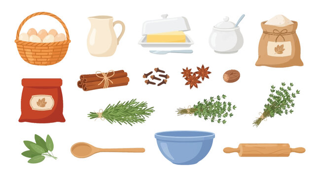 Baking ingredients and tools flat lay set. Eggs, flour, milk, butter, cinnamon, and herbs with a bowl and rolling pin. Vector illustration for recipes.