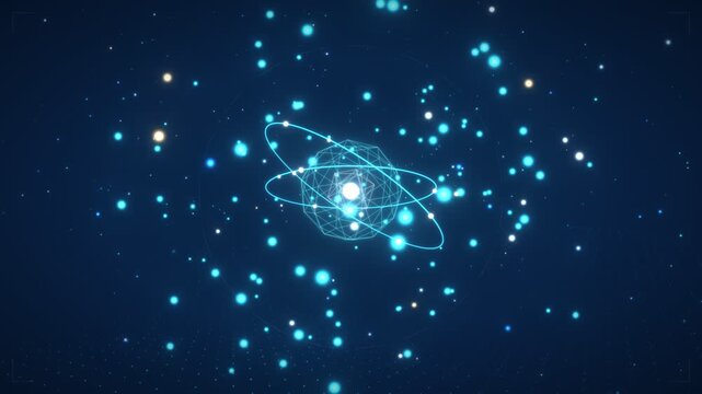 Futuristic digital atom model with glowing orbital rings and