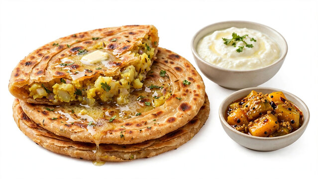 Stuffed Aloo Paratha Potato Flatbread with Melting Butter, Cumin and Coriander, Served with Curd Yogurt Raita and Mango Pickle