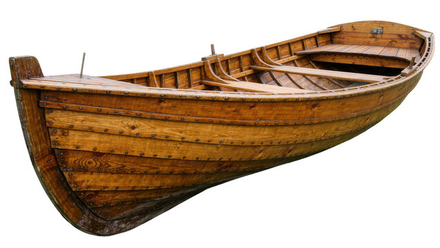 Wooden rowboat with riveted planks empty interior, isolated on transparent background