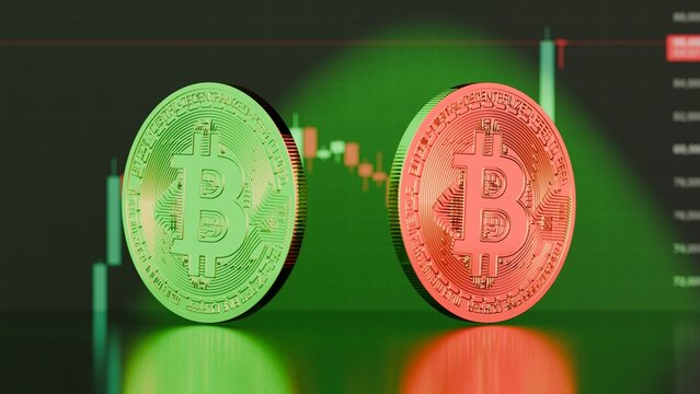 3D Render of Gold Bitcoin Coin on Bullish bearish Candlestick Financial Chart Background