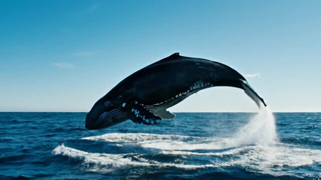 Humpback whale breaching blue ocean water under clear sky