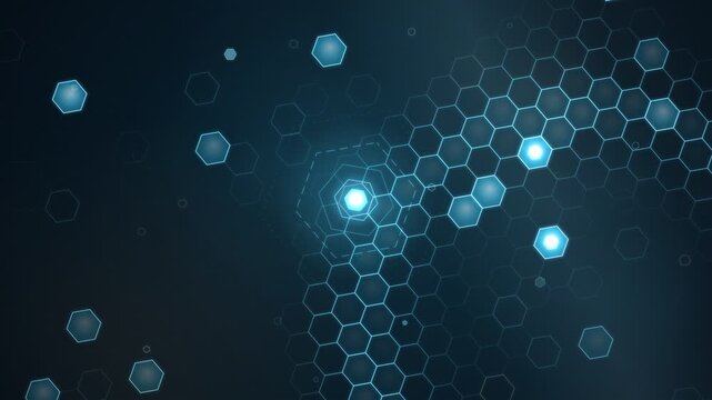 Glowing Blue Hexagon Grid Pattern with Random Lights Flashing Tech