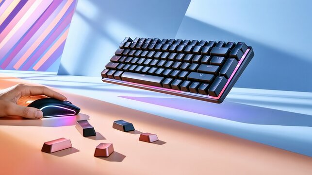 Floating mechanical keyboard with rgb lighting and gaming mouse on pastel gradient background, loose keycaps scattered nearby