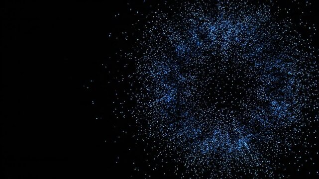 Abstract deep blue sparkle particles forming a cosmic circular cloud on a black background for digital art