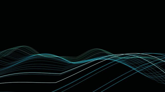 Premium 3D abstract motion background featuring a futuristic terrain built entirely from elegant luminous contour lines. Hills and valleys slowly travel through the landscape like a living data field
