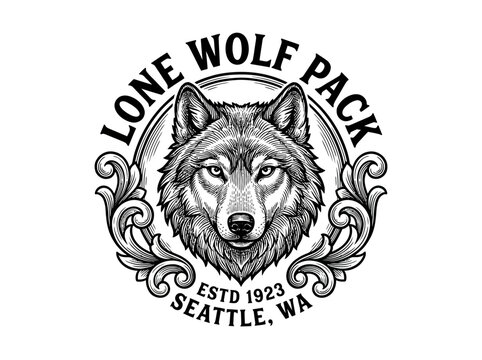Lone Wolf Pack Head Ornate Vintage Badge Seattle Logo