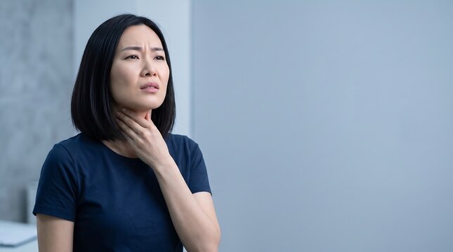 Concerned Asian woman touching her throat while suffering from pain or difficulty swallowing indoors