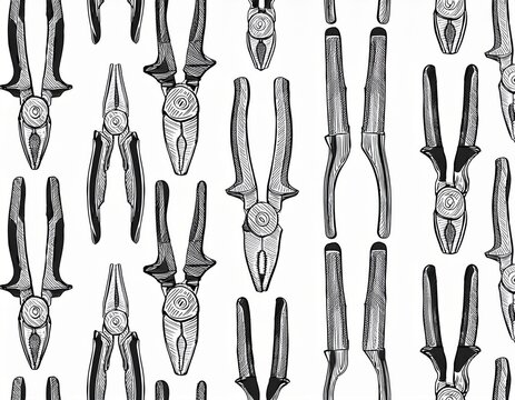 monochrome repeatable pattern of pliers in hand drawn sketch style design of gripping tool for textiles and stationery