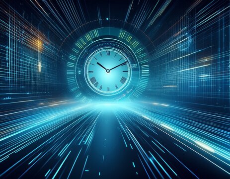 abstract futuristic speed time background with digital clock and data flow hologram cyber technology concept