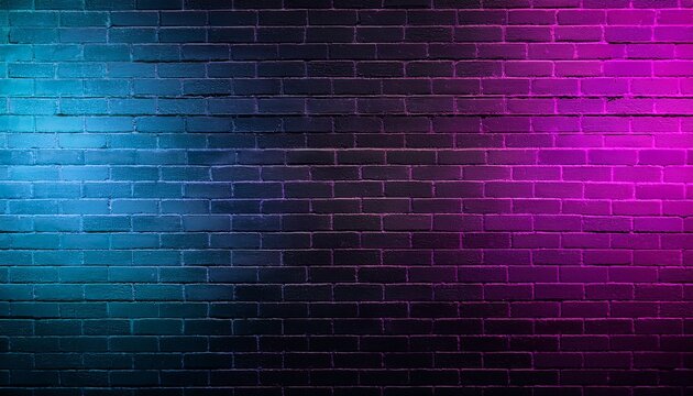 black brick wall background with neon lighting effect pink purple and blue glowing lights on empty brick wall background