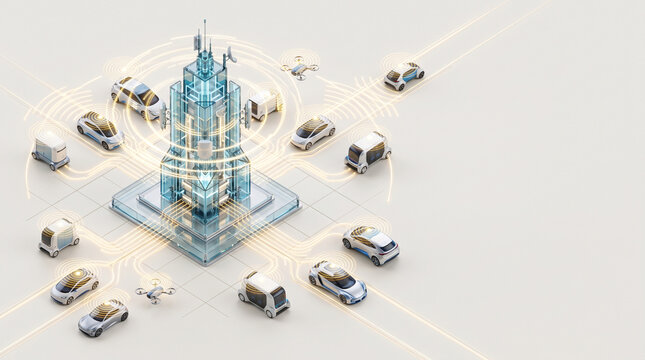 Isometric 3D render of glass cellular transceiver hub beaming glowing gold communication waves to surrounding autonomous vehicle nodes on off white backdrop with copy space