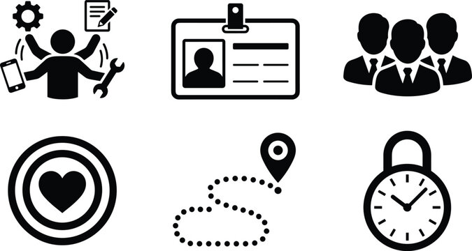Corporate business vector icon set featuring multitasking worker employee id card team group heart target and time lock symbols
