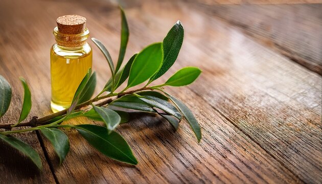 fresh tea tree branch with essential oil on wood surface
