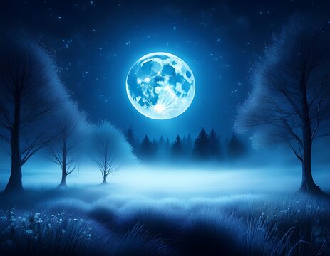a full blue moon glowing softly through the mist creating a serene night scene