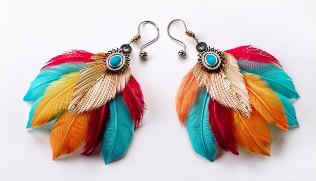 colorful feather earrings isolated on white background for bohemian style and summer fashion
