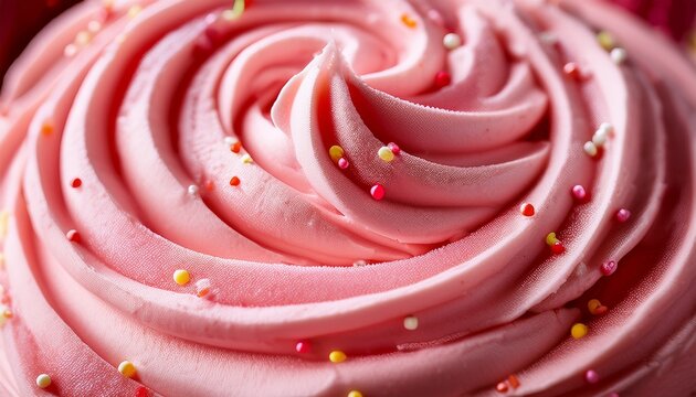 macro closeup of pink strawberry whipped frosting swirl with tiny sugar sprinkles sweet bakery dessert topping confectionery texture food photography