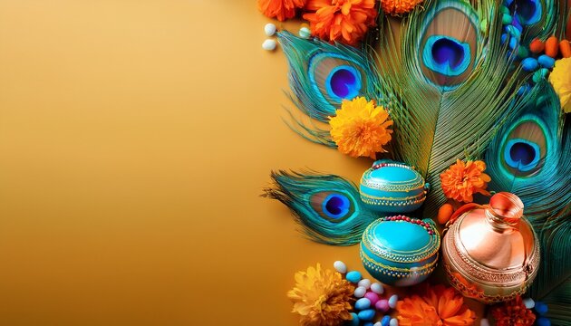 colorful decorations for krishna janmashtami celebration vertical banner copy space free space for text