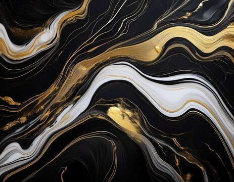 abstract black marble fluid texture background with cream and gold flowing veins