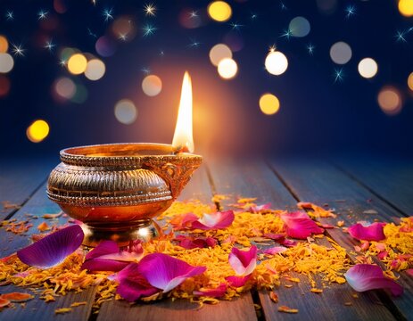 a decorative oil lamp colorful flower petals and twinkling lights celebration of krishna janmashtami horizontal banner copy space free space for text