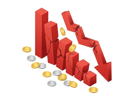 Falling financial bars, coins and cracked chart arrow, market decline concept