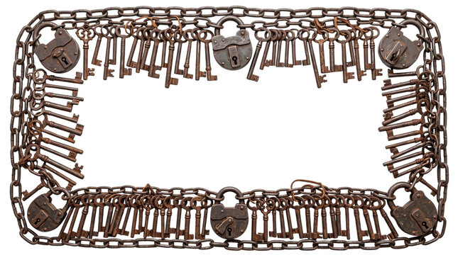 Vintage key and padlock chain frame on white background