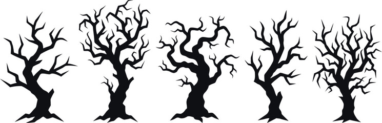 Set of five creepy spooky dead trees silhouettes isolated on white background © md