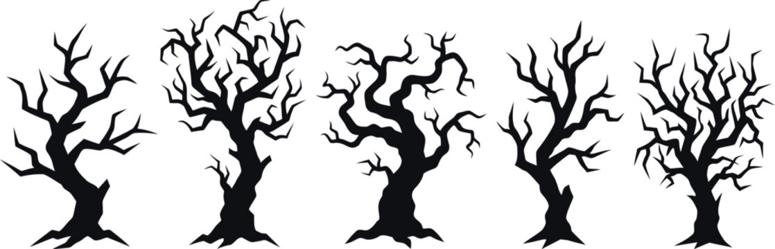Set of five creepy spooky dead trees silhouettes isolated on white background